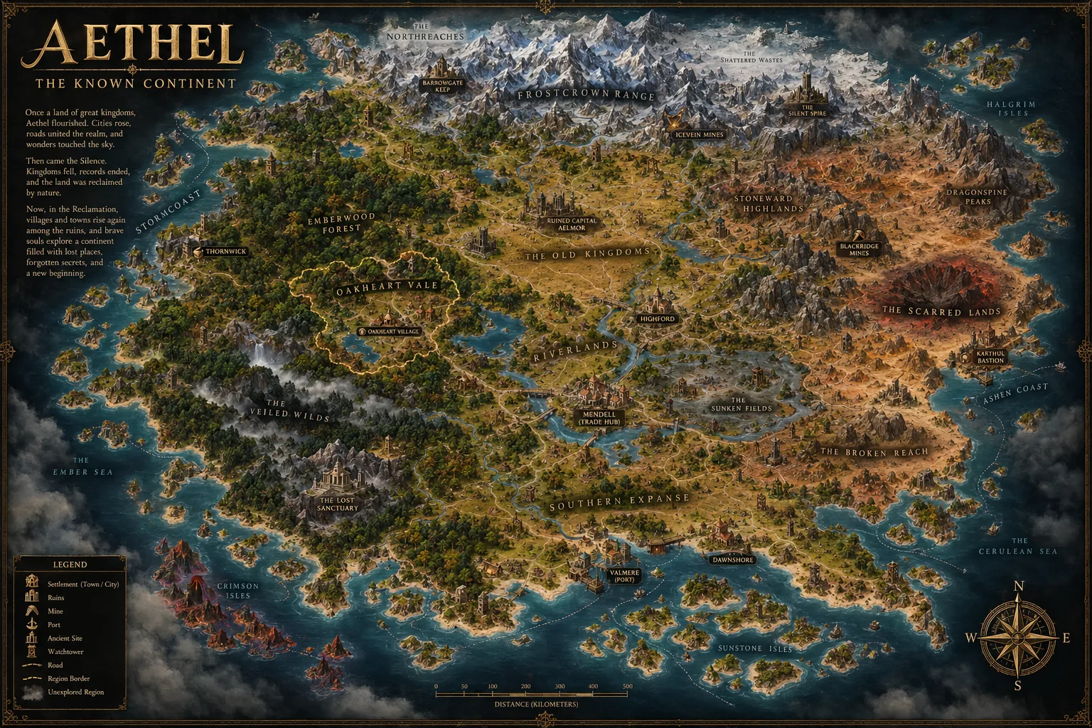 Painted map of Aethel, the Known Continent